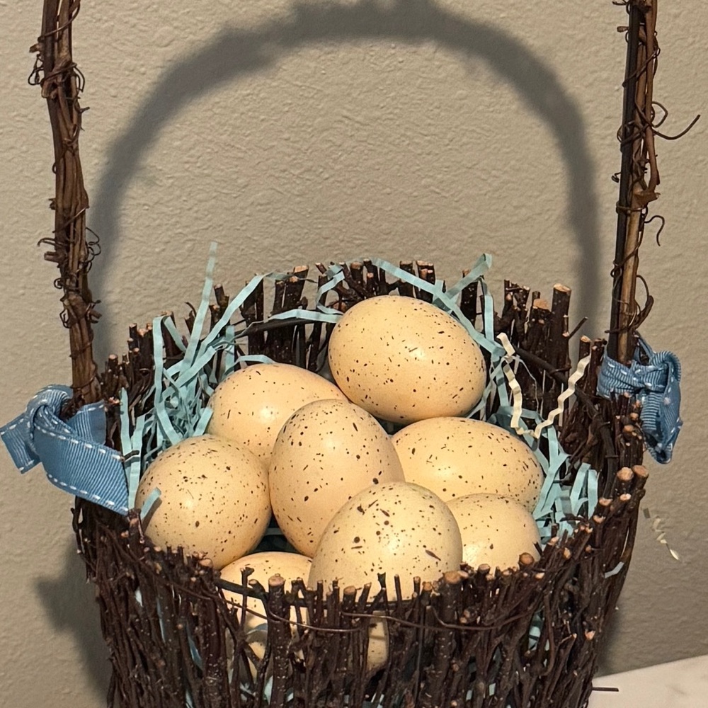 Pottery Barn Twig Basket with Speckled Eggs